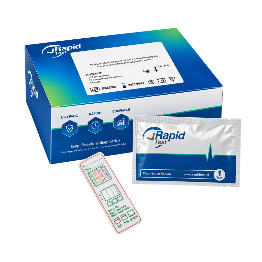 Caja del kit 25 test multi 4 drogas con ketamina en orina de la marca Rapid Test para tamizaje