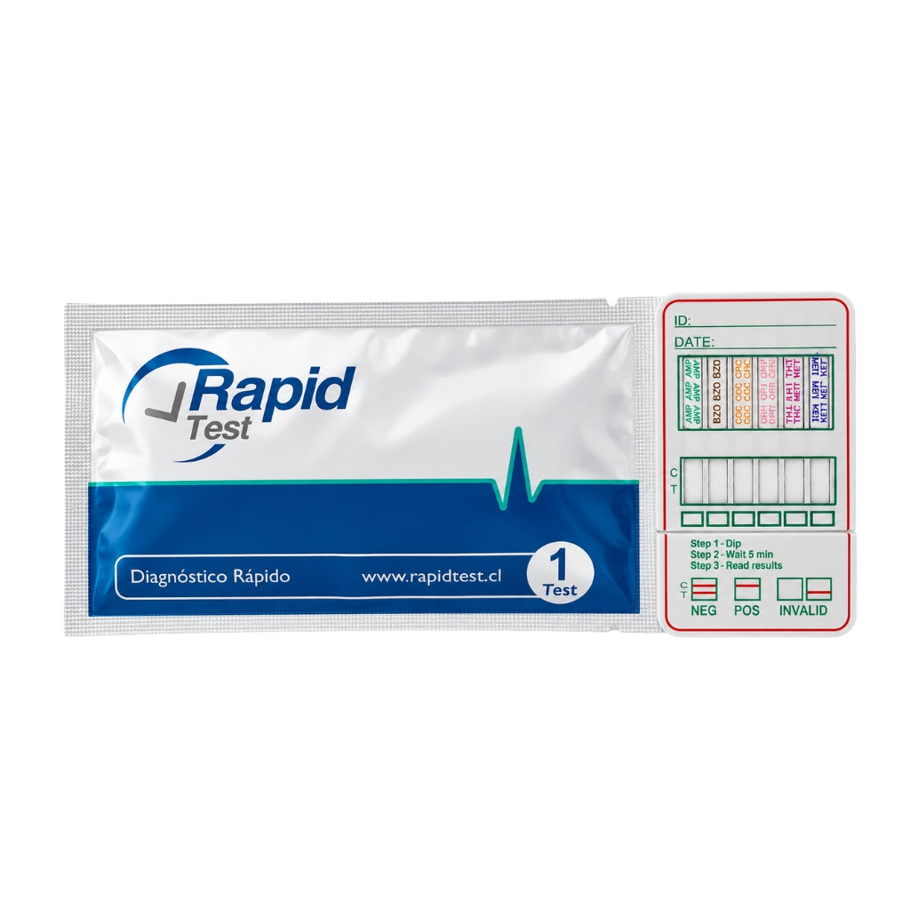 Kit de test multi 12 drogas con ketamina y fentanilo en orina de la marca Rapid Test sobre fondo claro