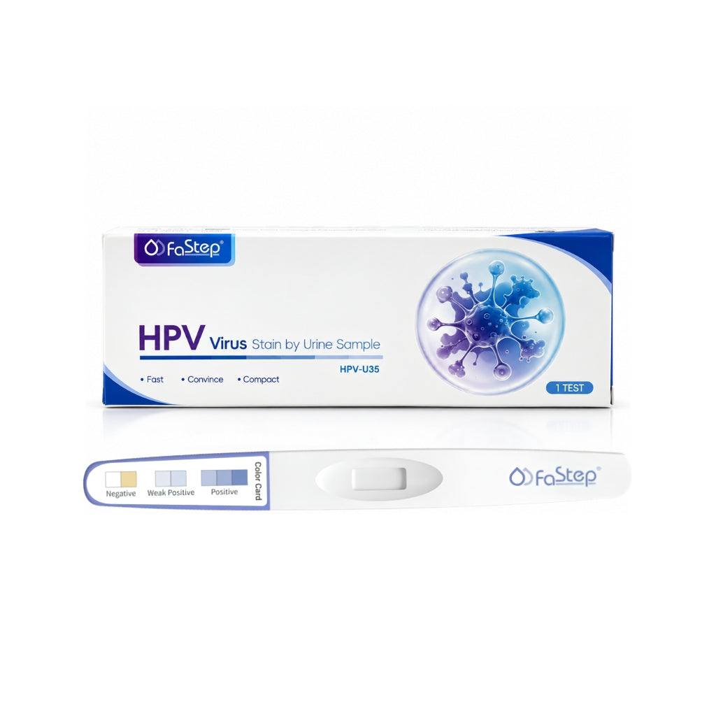 Caja del test de virus papiloma humano autotest en orina marca FASTEP sobre fondo neutro