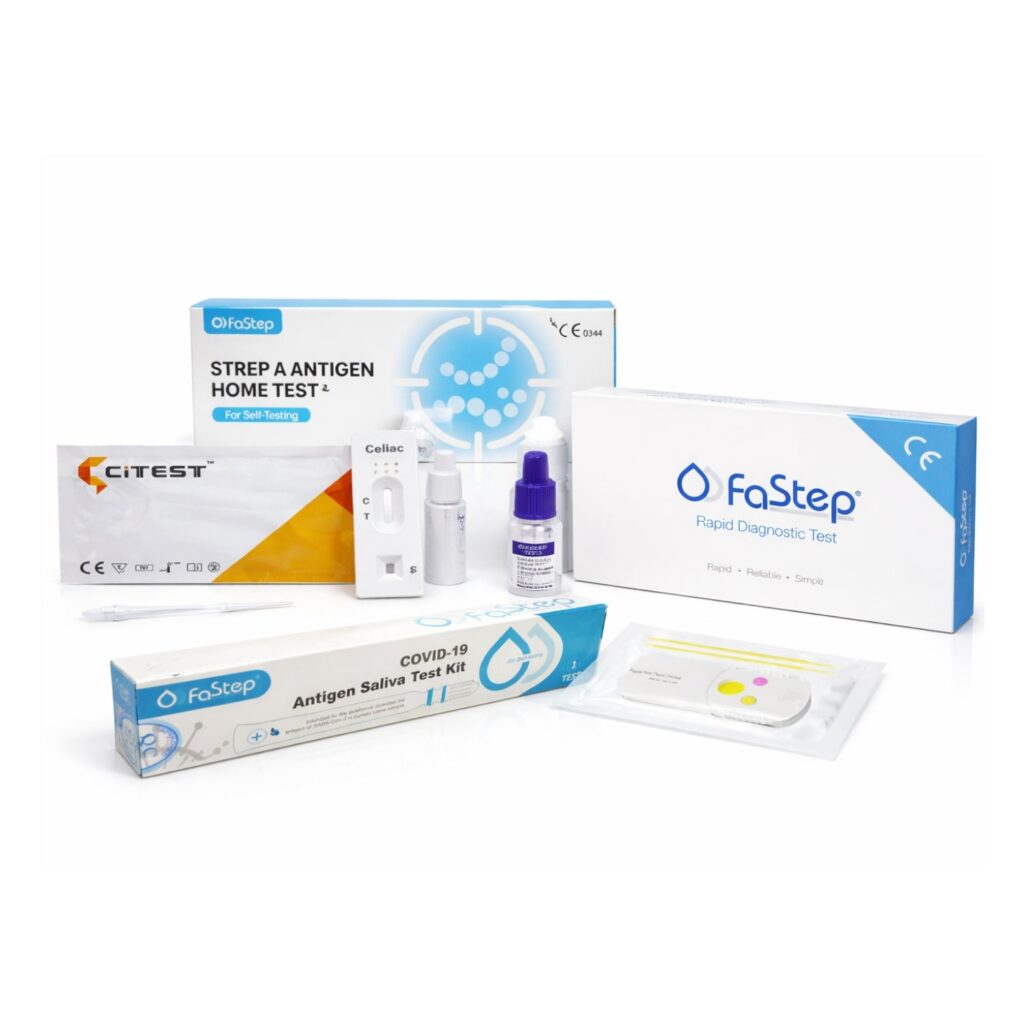 Caja del pack autocuidado salud completo con cuatro test rápidos para uso en casa de la marca Rapid Test