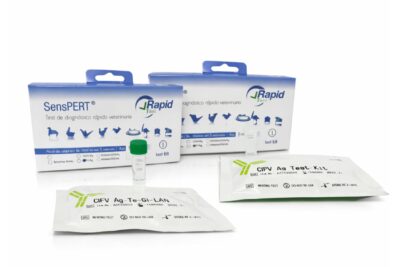 Caja del Pack Chequeo Canino SENSPERT con tests rápidos para parvovirus y distemper en perros