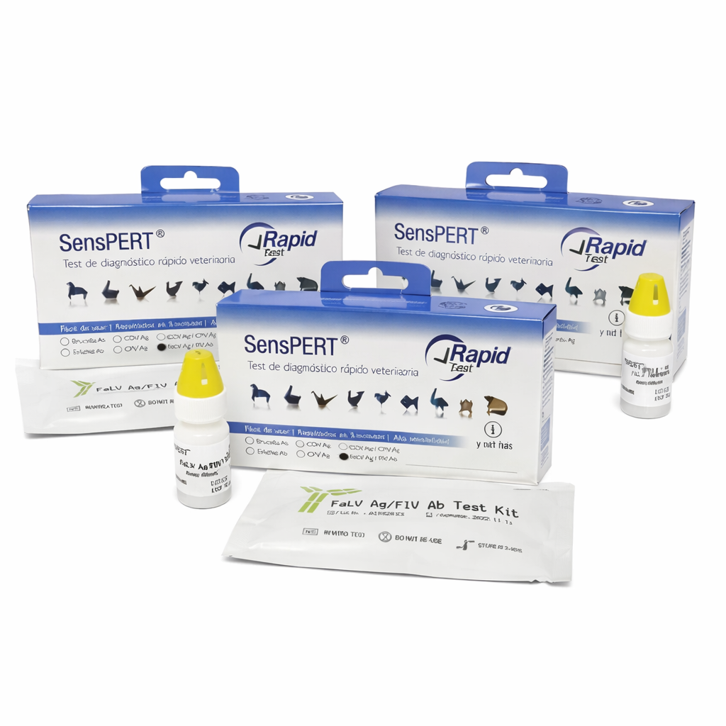 Caja del Pack Chequeo Felino SENSPERT con tres tests rápidos para detectar FIV y FeLV en gatos