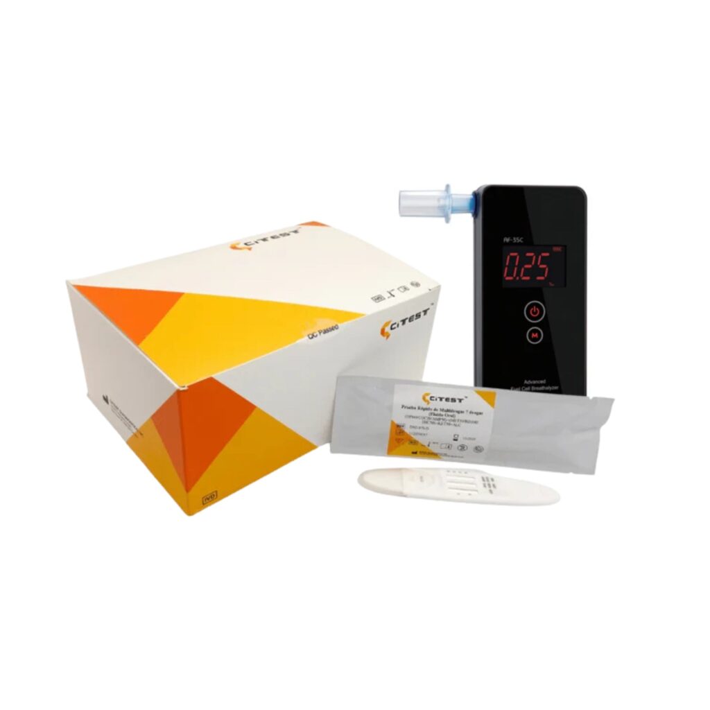 Pack completo alcohol y drogas para empresa con alcoholímetro AF-35 y kit de 25 tests multidroga en saliva