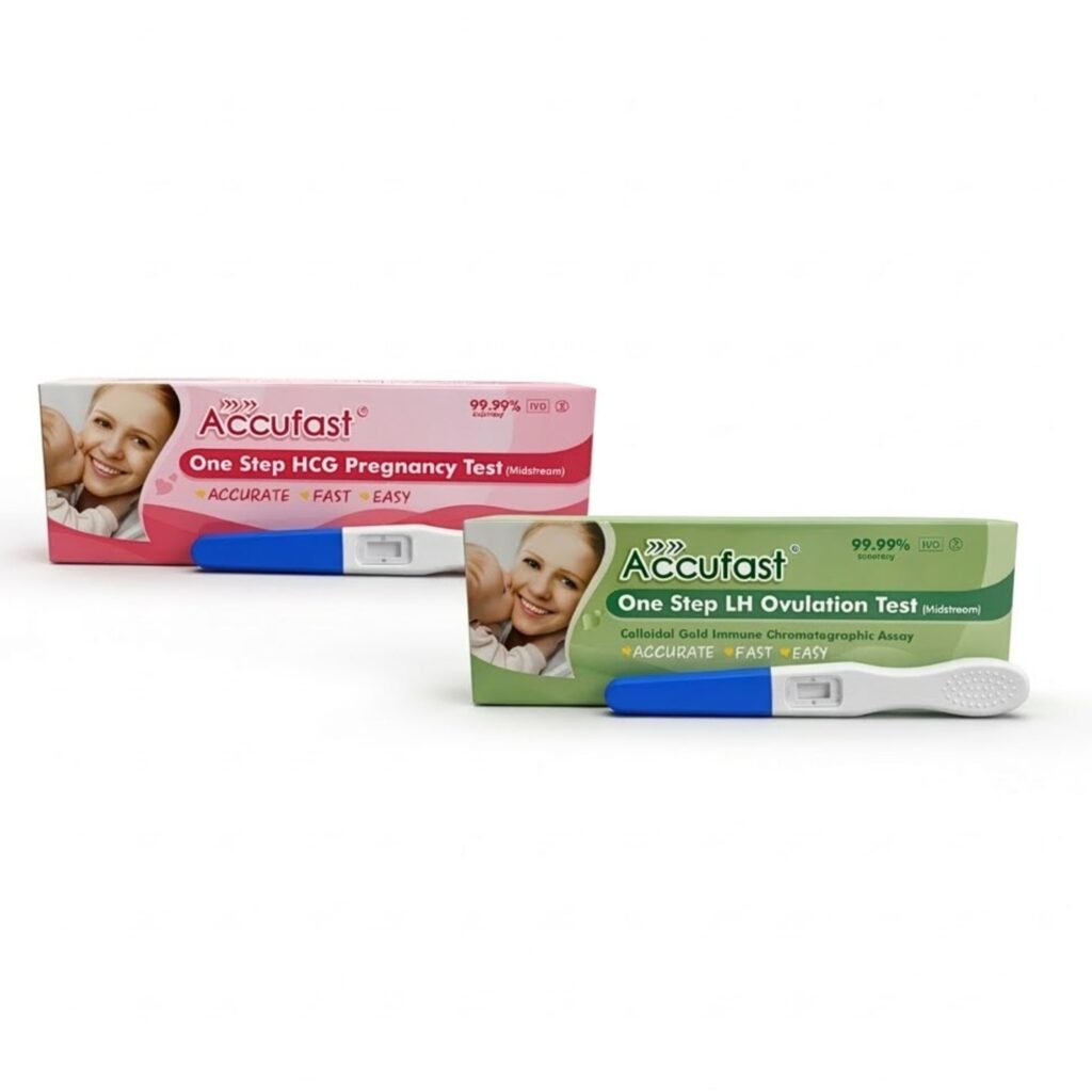Caja del Pack Fertilidad ACCUFAST con tests de ovulación y tests de embarazo HCG para uso en casa