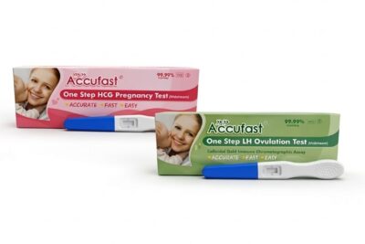 Caja del Pack Fertilidad ACCUFAST con tests de ovulación y tests de embarazo HCG para uso en casa